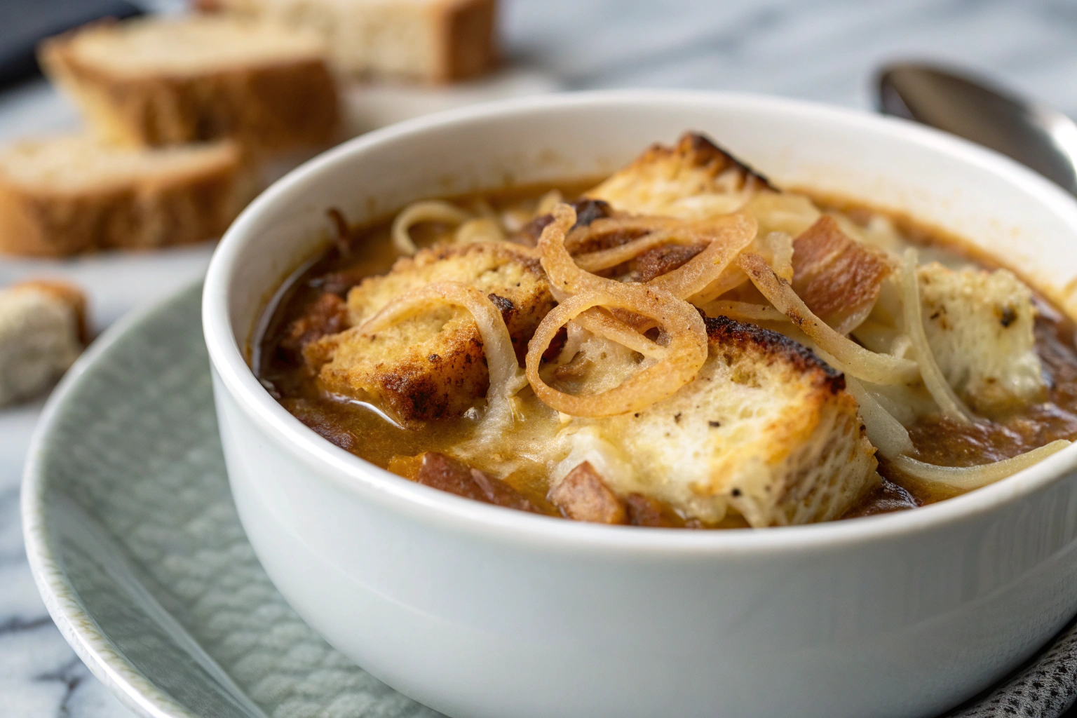Soupe à l'oignon gratinée avec fromage fondu et croûtons dorés dans un bol blanc