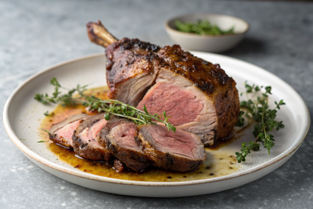 7 Recettes d'Agneau Savoureuses à Tester Absolument 1 Carré d'agneau doré avec romarin frais sur plat en céramique