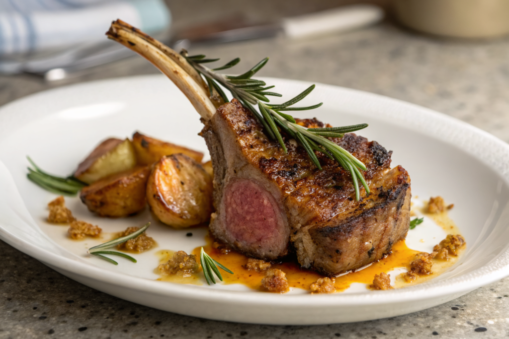 7 Recettes d'Agneau Savoureuses à Tester Absolument 1 Carré d'agneau doré avec romarin frais sur plat en céramique