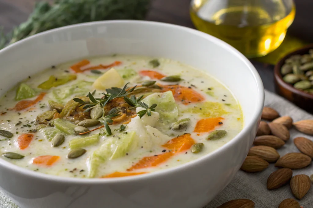 Soupe aux choux : recette traditionnelle d’hiver 1 Soupe aux choux traditionnelle avec lanières de chou, carottes, pommes de terre et persil frais dans un bol blanc