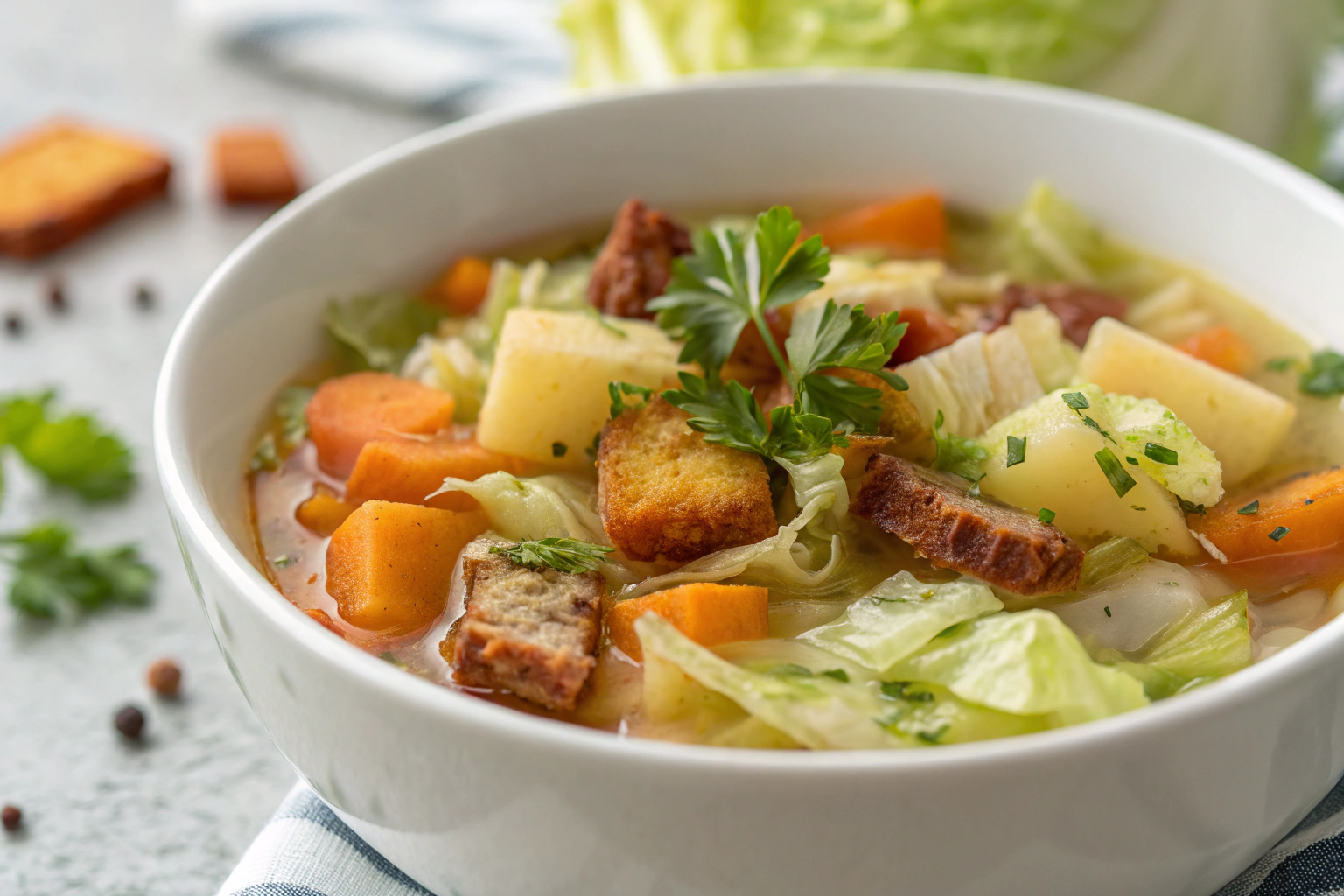 11 Meilleures Recettes Soupes d’Hiver Originales et Réconfortantes 8 Soupe aux choux traditionnelle avec lanières de chou, carottes, pommes de terre et persil frais dans un bol blanc