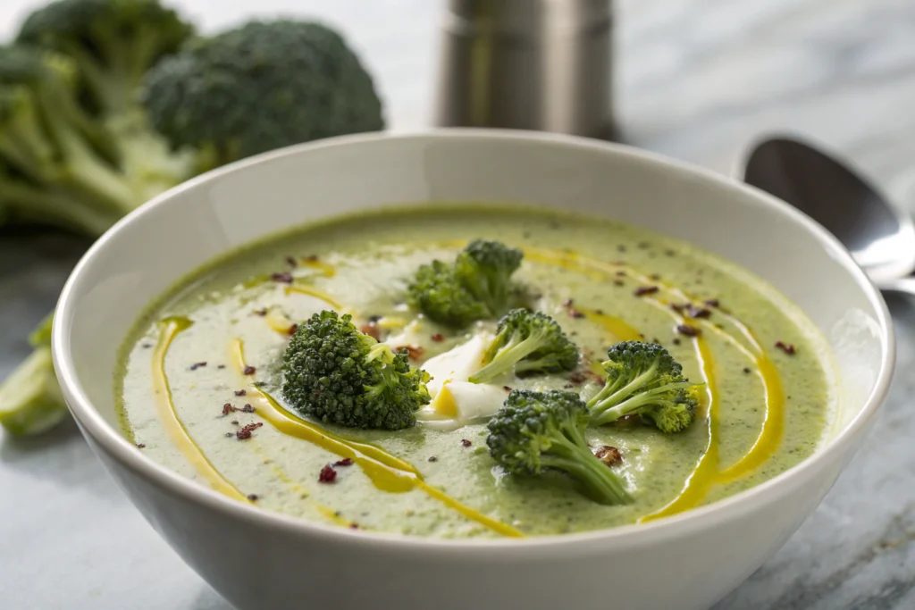 Soupe de brocolis veloutée et crémeuse dans une assiette blanche avec garniture de crème et parmesan
