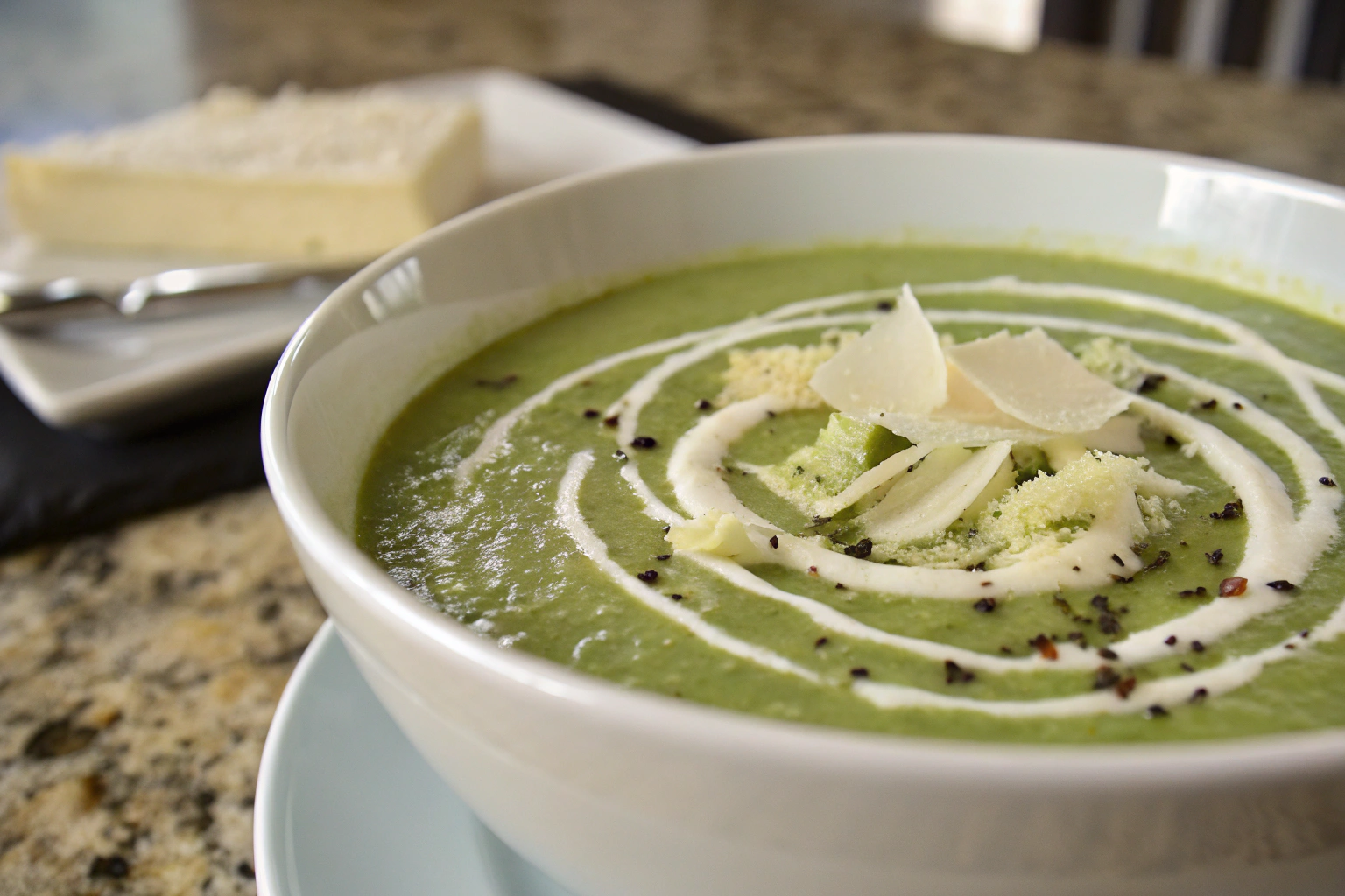 Soupe de brocolis veloutée et crémeuse dans une assiette blanche avec garniture de crème et parmesan