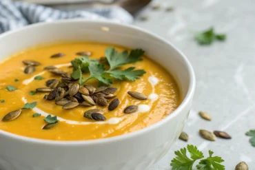 Velouté de butternut crémeux garni de graines de courge et persil dans un bol blanc