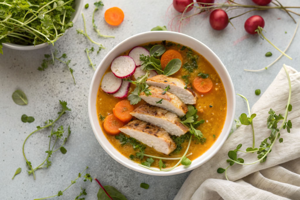 Découvrez la Meilleure Soupe Carottes Radis Cresson 1 White bowl with soupe carottes radis cresson garnished with fresh basil and roasted tomatoes on light gray granite countertop.