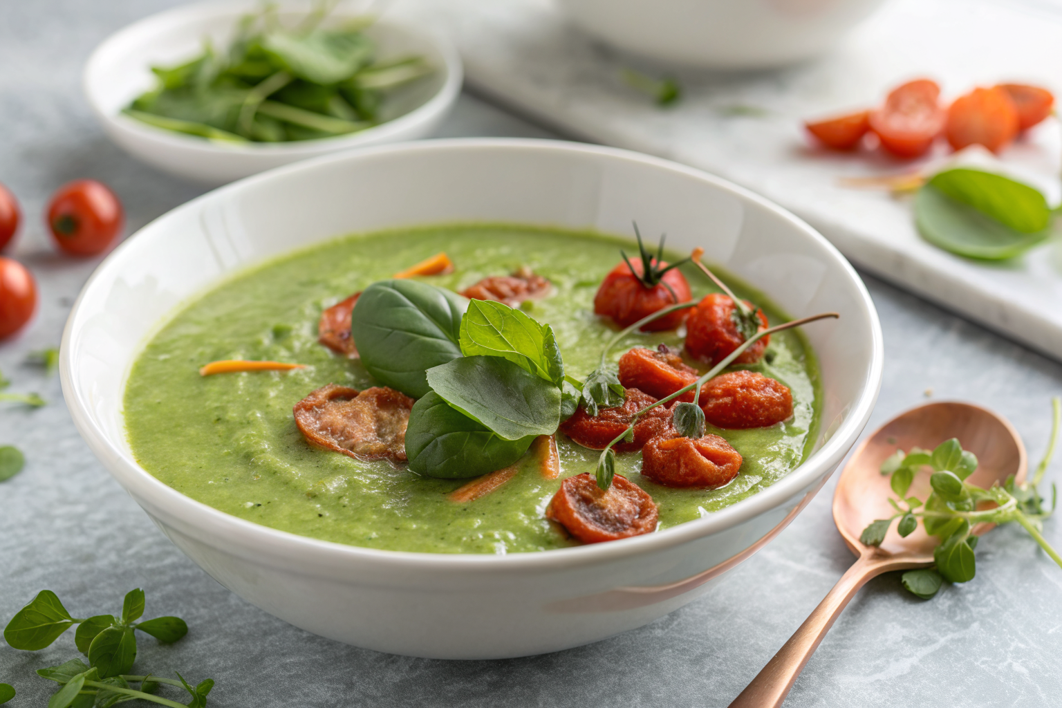 Découvrez la Meilleure Soupe Carottes Radis Cresson 2 White bowl with soupe carottes radis cresson garnished with fresh basil and roasted tomatoes on light gray granite countertop.