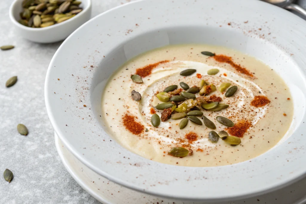Soupe de chou-fleur crémeuse garnie de noix concassées dans un bol blanc sur fond gris