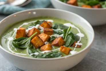 Soupes d'hiver originales colorée avec garniture fraîche dans un bol blanc