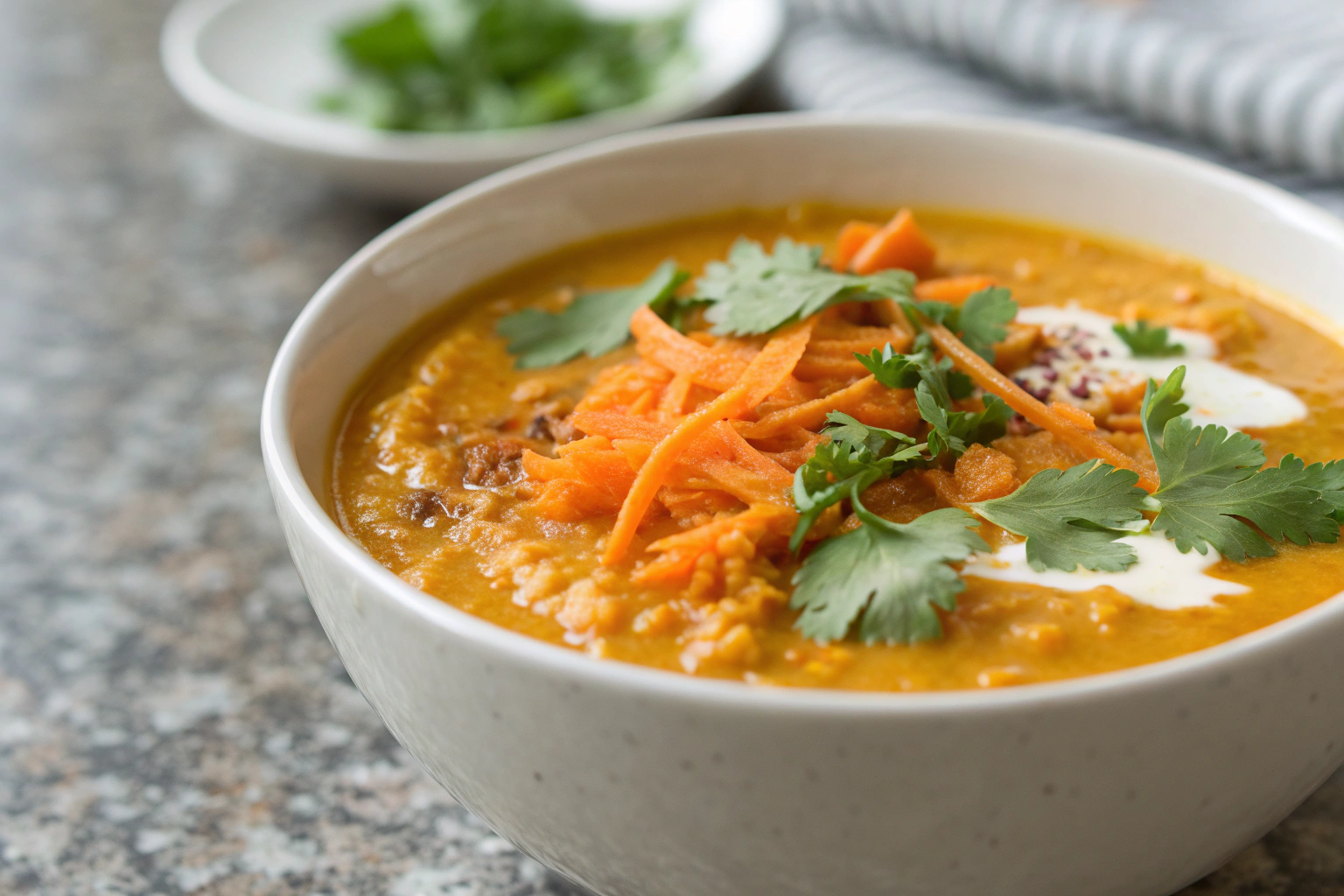 Soupe de lentilles corail : nourrissante et rapide 2 Soupe de lentilles corail crémeuse avec carottes, coriandre et épices dans une assiette blanche