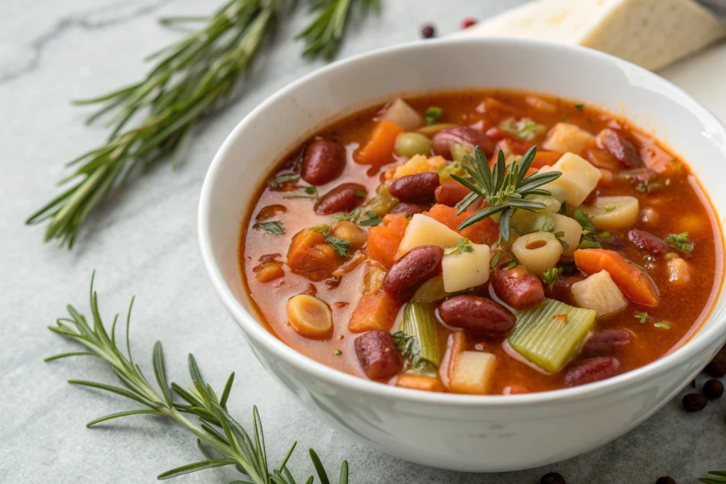 Soupe minestrone italienne avec légumes frais, haricots et pâtes al dente dans un bol blanc
