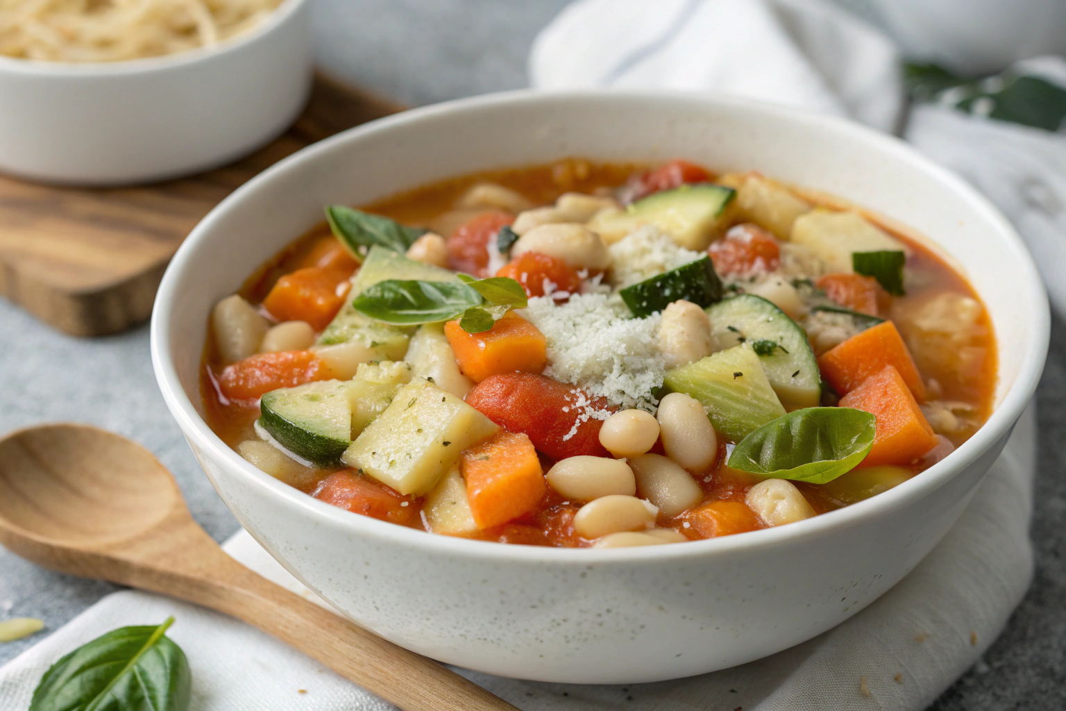 Soupe minestrone italienne avec légumes frais, haricots et pâtes al dente dans un bol blanc
