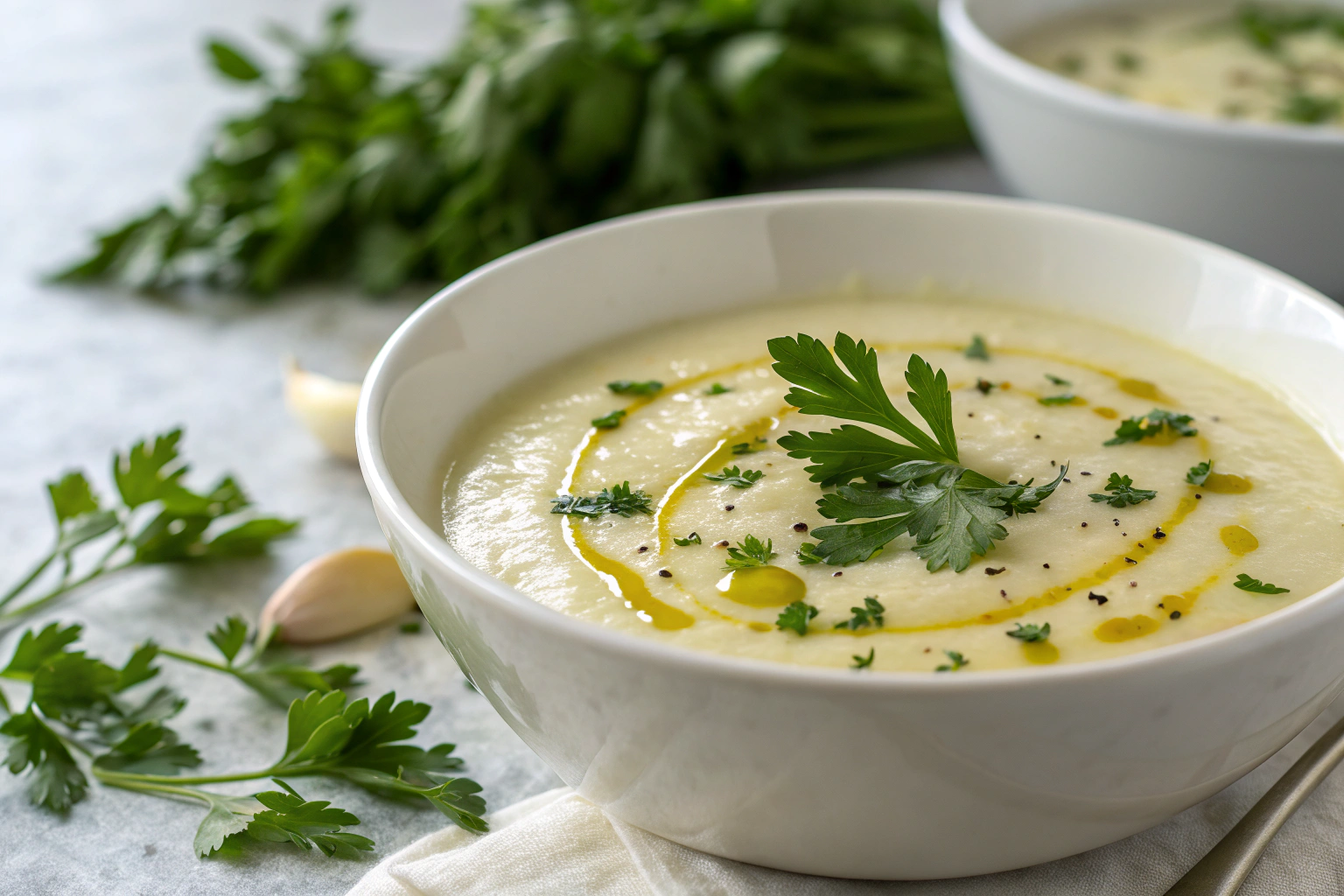 Soupe de panais crémeuse dans un bol blanc garnie de persil frais et d'huile d'olive