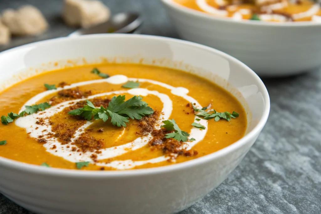 Soupe de patate douce veloutée dans un bol blanc avec garniture de graines de courge et coriandre
