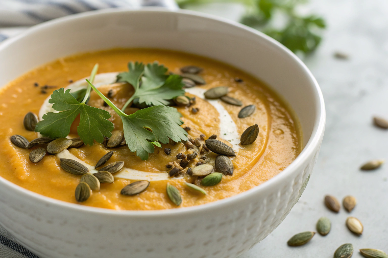 11 Meilleures Recettes Soupes d’Hiver Originales et Réconfortantes 10 Soupe de patate douce veloutée dans un bol blanc avec garniture de graines de courge et coriandre