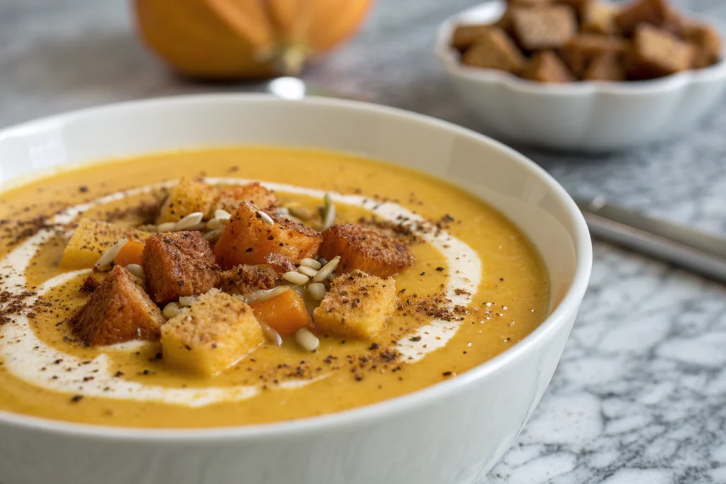 Soupe de potiron : recette classique de l’hiver 1 Soupe de potiron veloutée garnie de graines de courge et d'huile d'olive dans un bol blanc