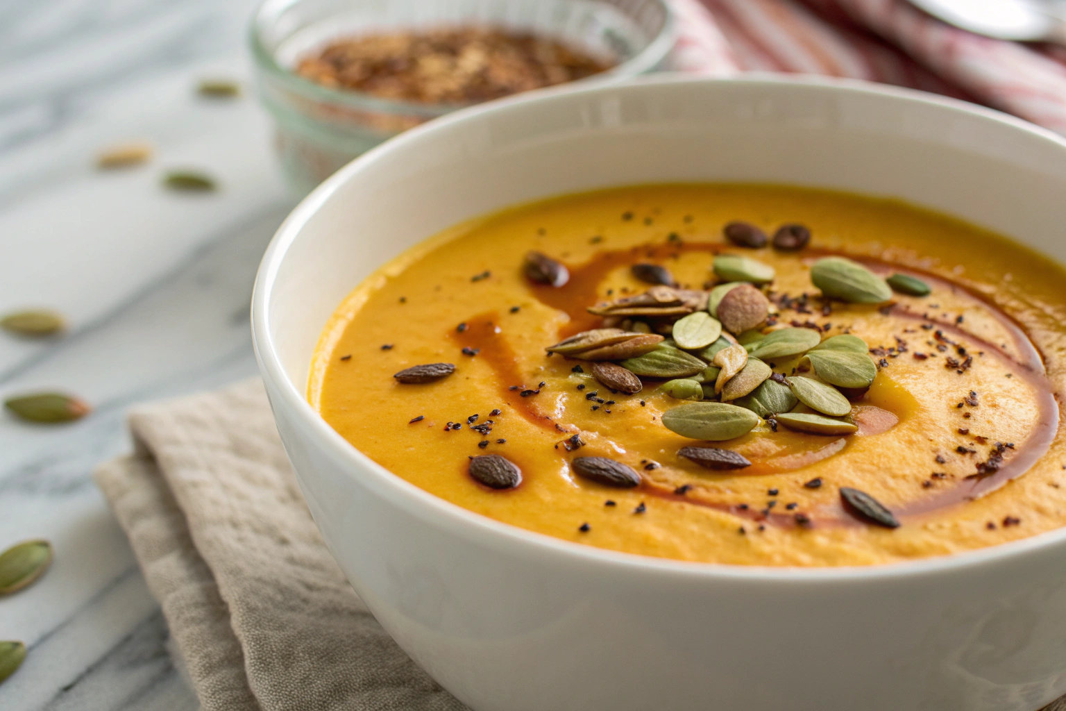 11 Meilleures Recettes Soupes d’Hiver Originales et Réconfortantes 11 Soupe du potiron veloutée garnie de graines de courge et d'huile d'olive dans un bol blanc