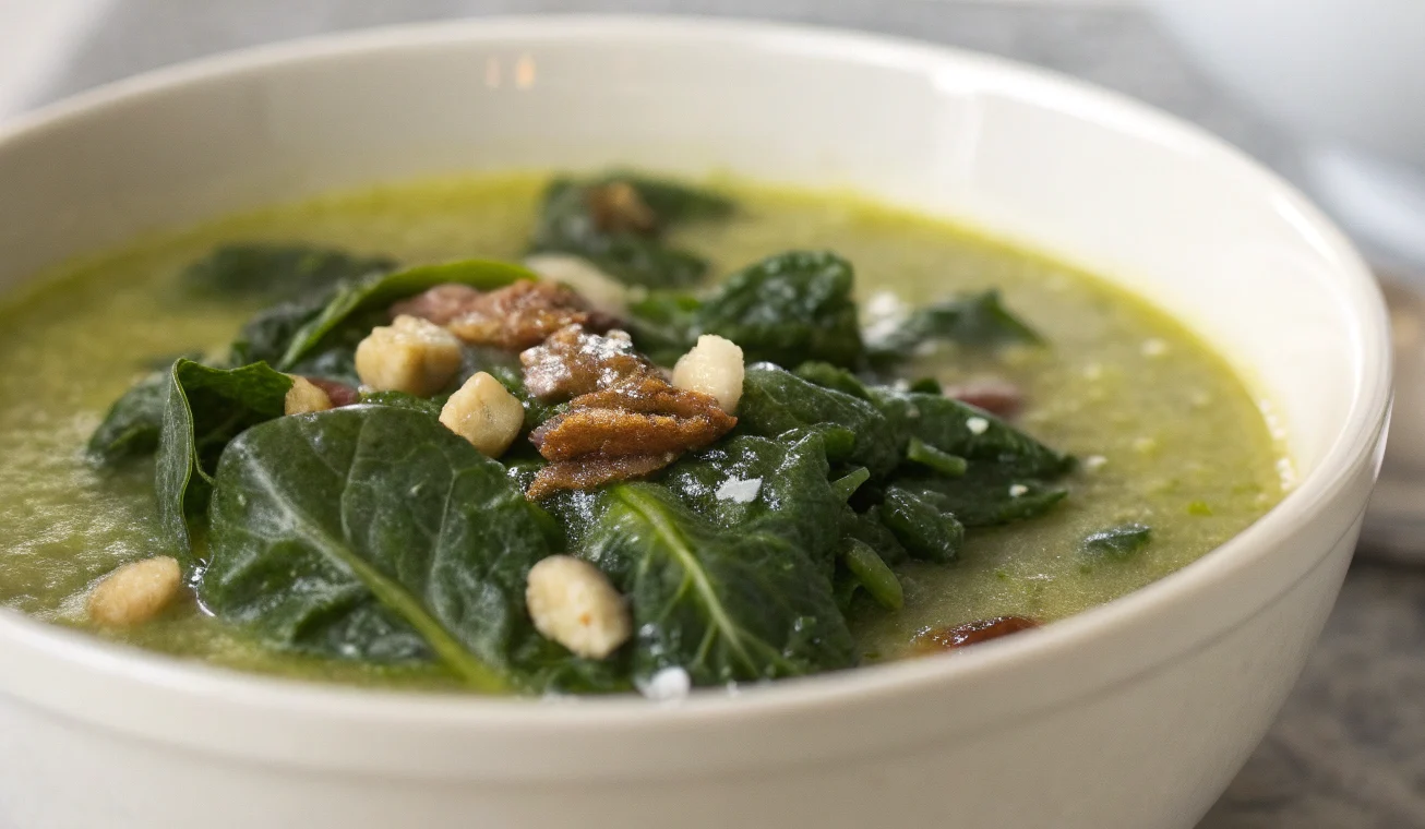 Soupe verte d'hiver onctueuse avec kale épinards et noisettes grillées dans un bol blanc