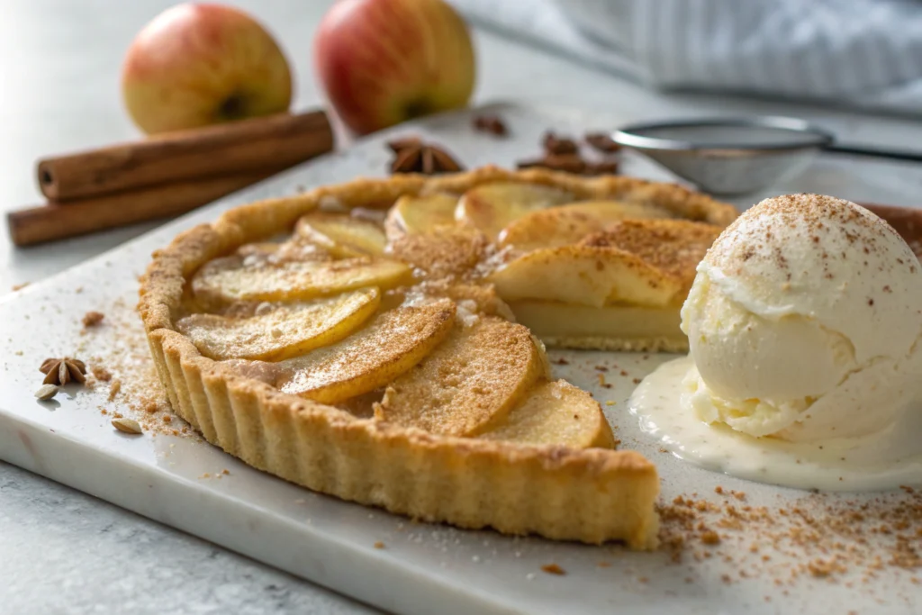 Tarte aux pommes normande dorée avec pommes caramélisées et crème onctueuse dans une assiette blanche