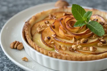 Tarte aux pommes normande dorée avec pommes caramélisées et crème onctueuse dans une assiette blanche