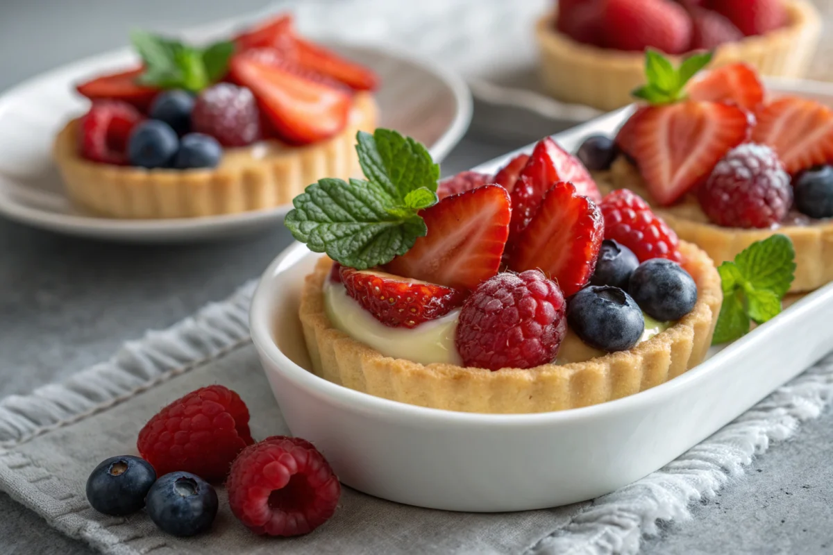 Tartelettes garnies de fruits rouges frais sur crème pâtissière dans une assiette blanche