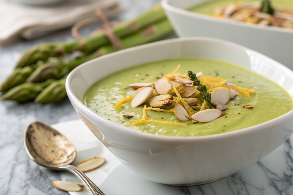 Creamy velouté d'asperges blanches with fresh herbs and olive oil drizzle