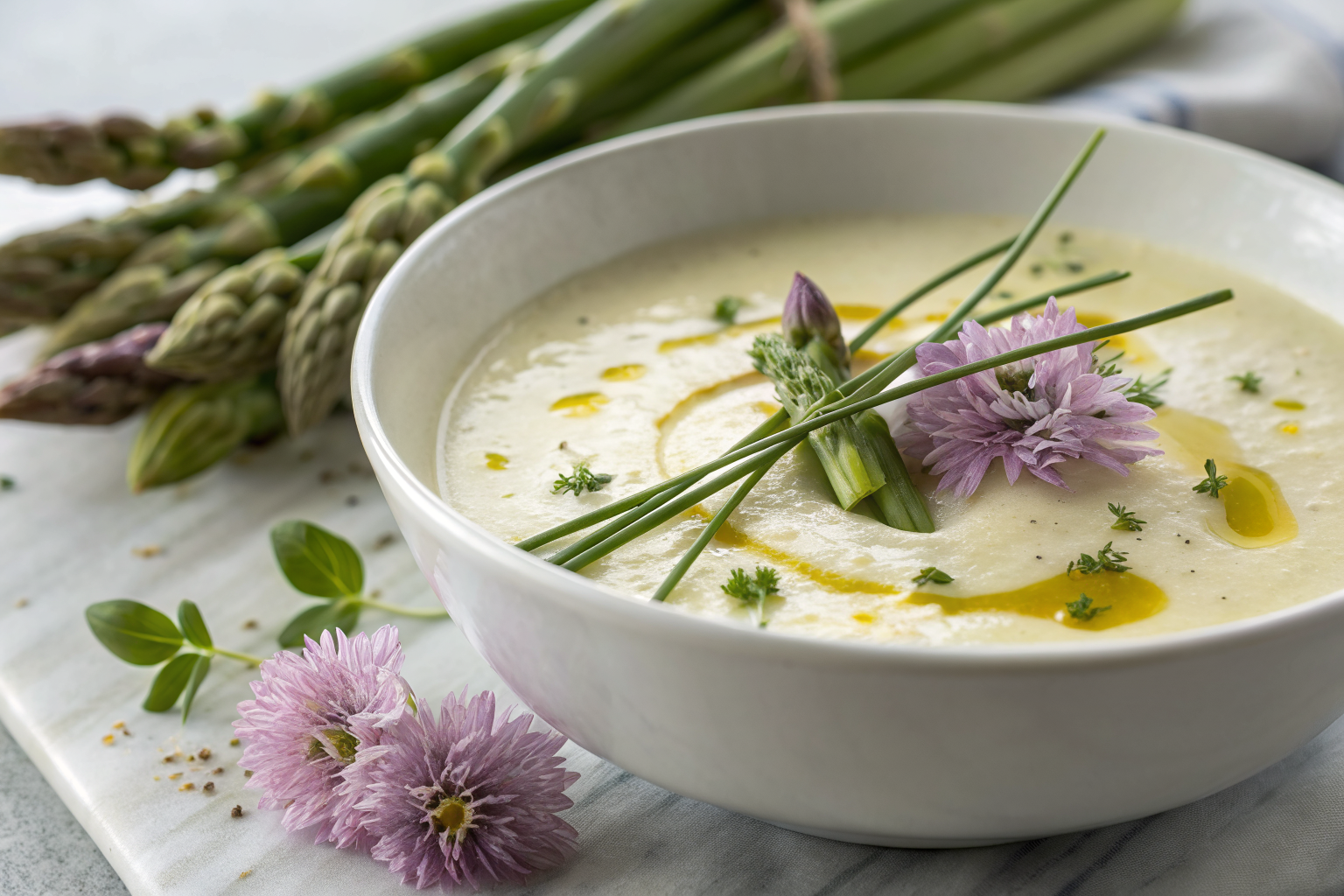 7 Recettes rapide des veloutés et soupes de Printemps 4 Creamy velouté d'asperges blanches with fresh herbs and olive oil drizzle