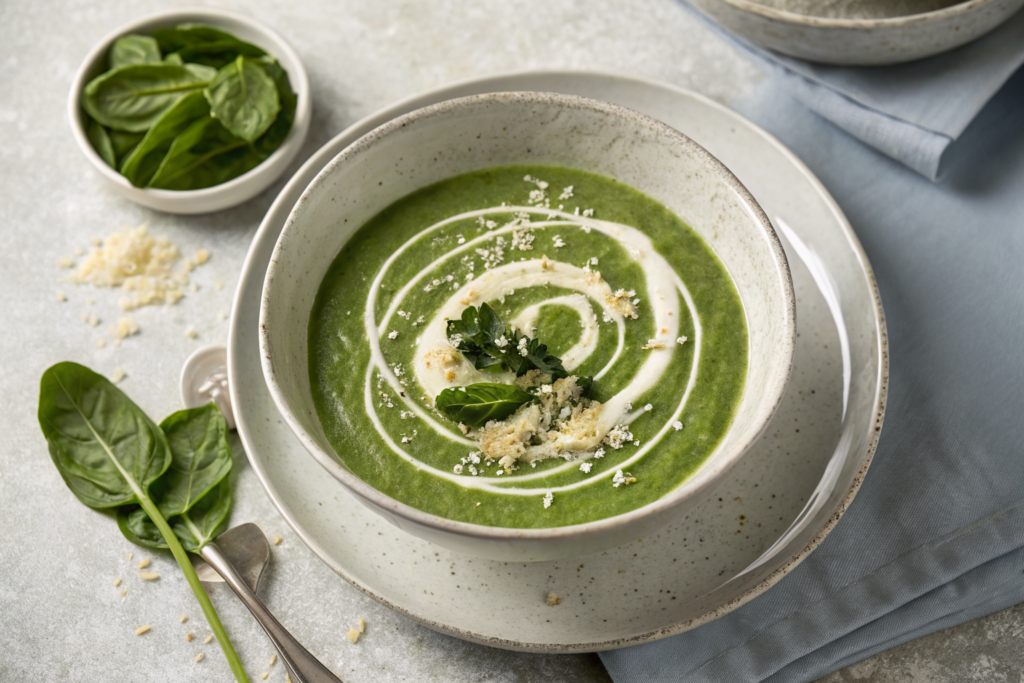 Velouté d'épinards à la faisselle : Recette incontournable 1 Creamy velouté délicieux épinards faisselle garnished with fresh basil leaves and roasted cherry tomatoes.