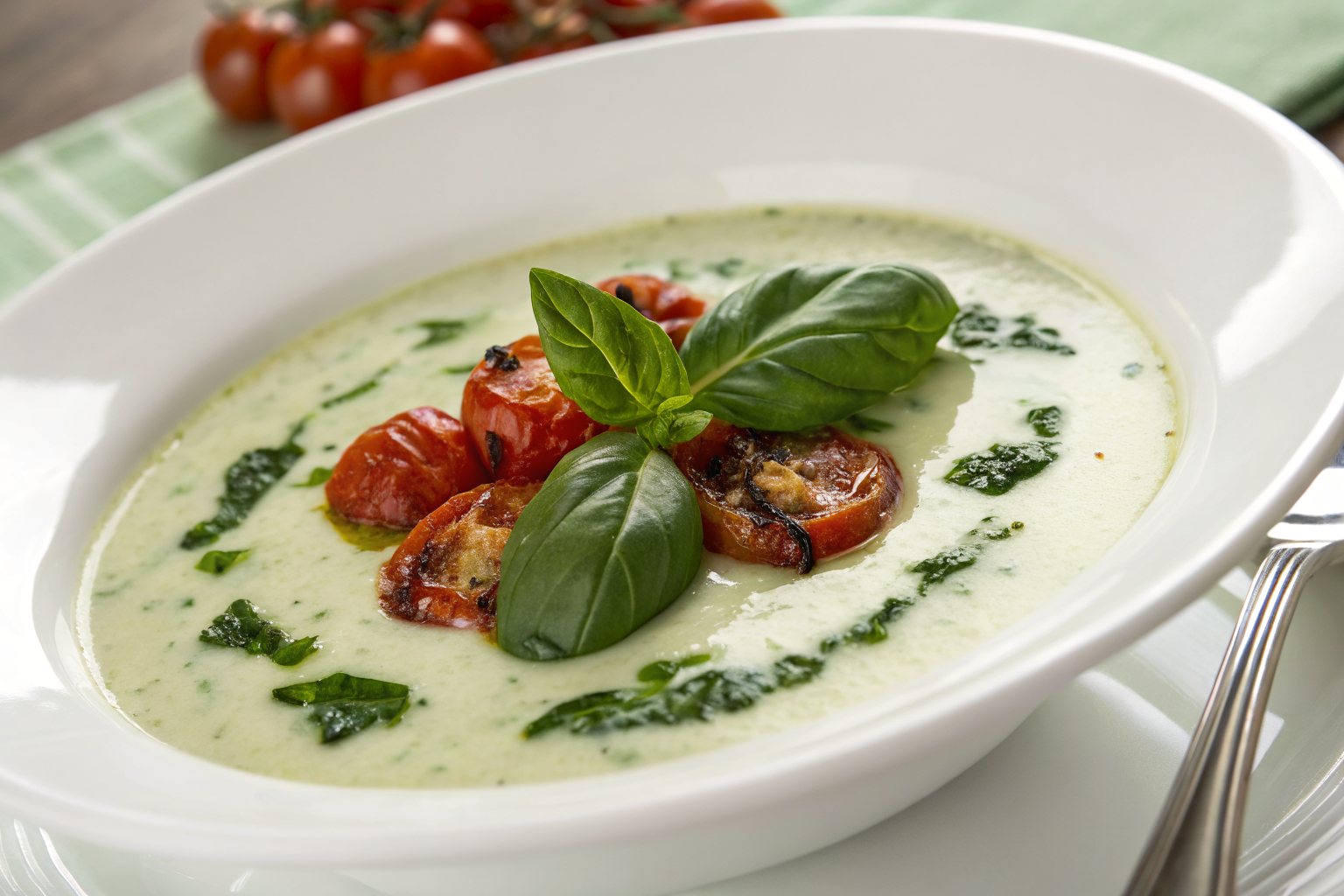 Velouté d'épinards à la faisselle : Recette incontournable 2 Creamy velouté délicieux épinards faisselle garnished with fresh basil leaves and roasted cherry tomatoes.
