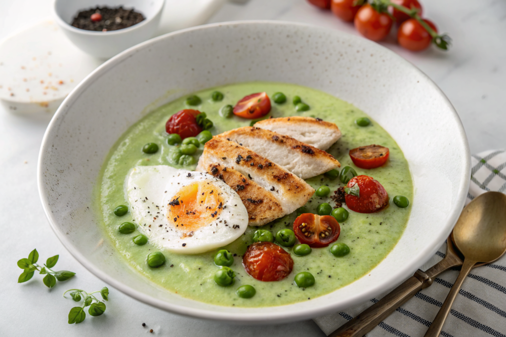 Velouté de petits pois et oeuf mollet : Découvrez la Recette Ultime 1 Velouté de petits pois et oeuf mollet avec parmesan râpé et basilic frais.