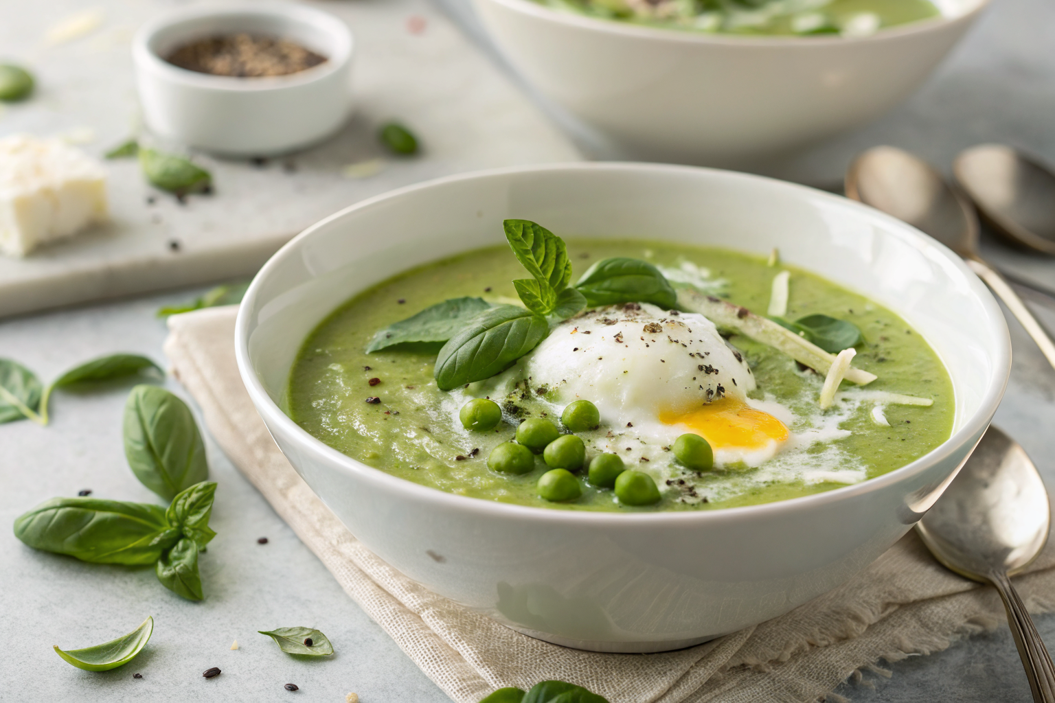 Velouté de petits pois et oeuf mollet : Découvrez la Recette Ultime 2 Velouté de petits pois et oeuf mollet avec parmesan râpé et basilic frais.