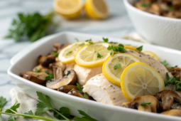 Poulet vapeur citron avec herbes fraìhe et champignons sautés