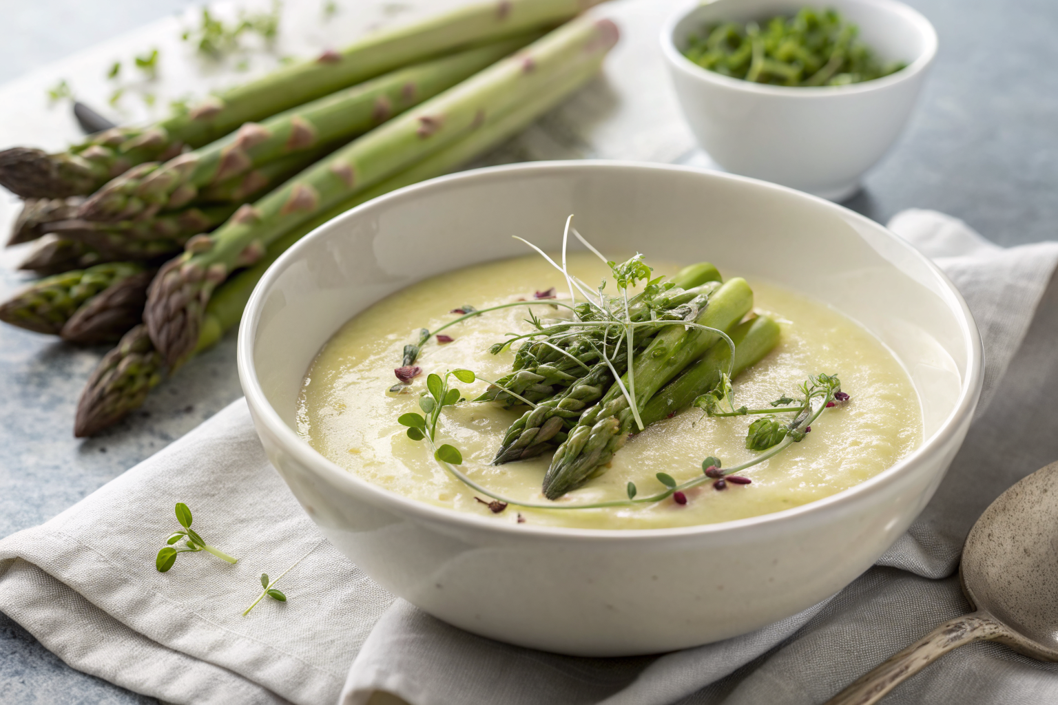 Délice printanier: le velouté d'asperges parfait 2 White bowl of creamy velouté d'asperges blancs garnished with fresh asparagus tips and microgreens on light gray granite countertop.