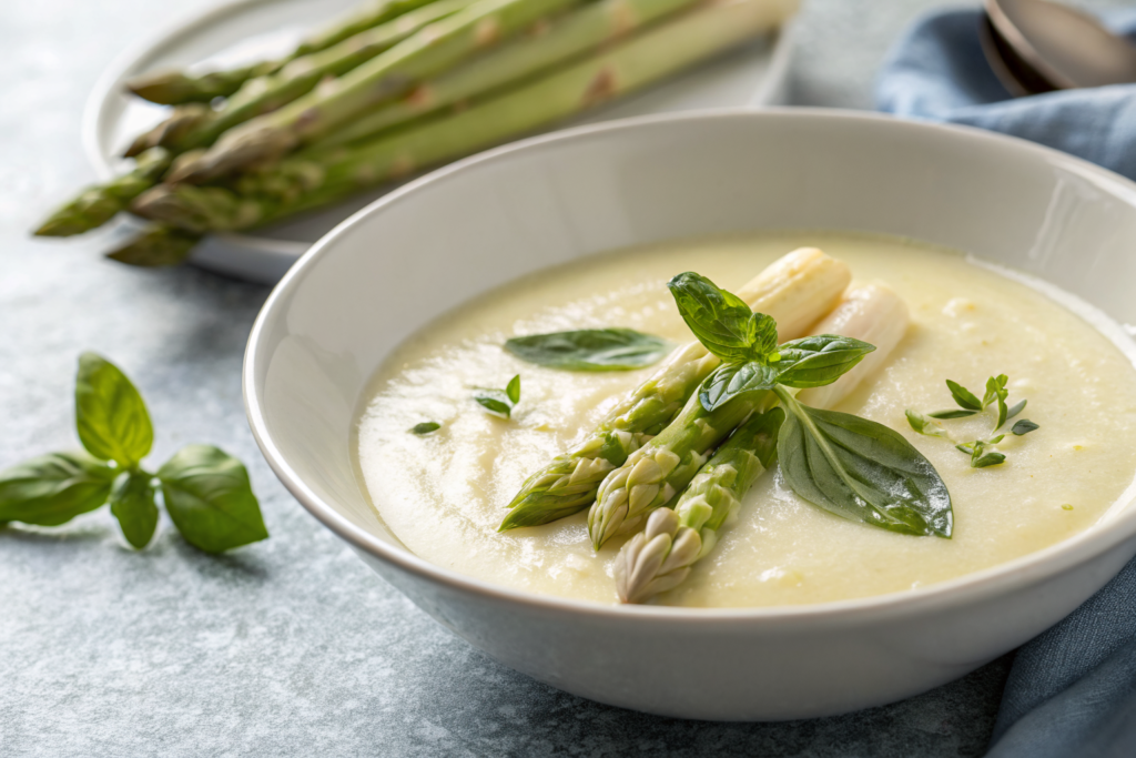 7 Recettes rapide des veloutés et soupes de Printemps 1 Fresh spring soup with basil garnish on granite countertop