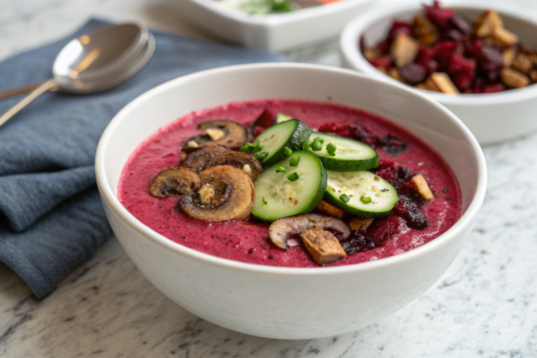 Gaspacho betterave, soupe froide rose dans un bol blanc
