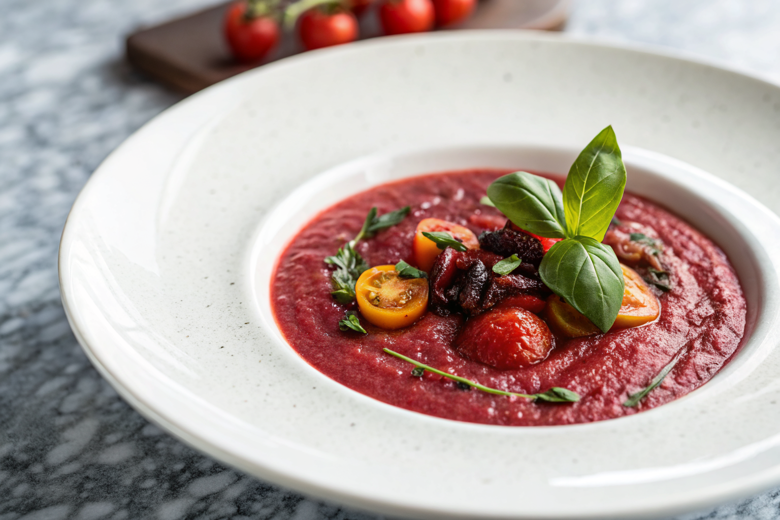 Gaspacho betterave : Recette Facile Maison 2 Gaspacho de betterave avec basilic frais et tomates cerises rôties