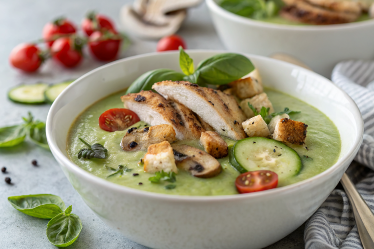 Gaspacho courgette à la menthe, soupe froide d'été dans un bol blanc