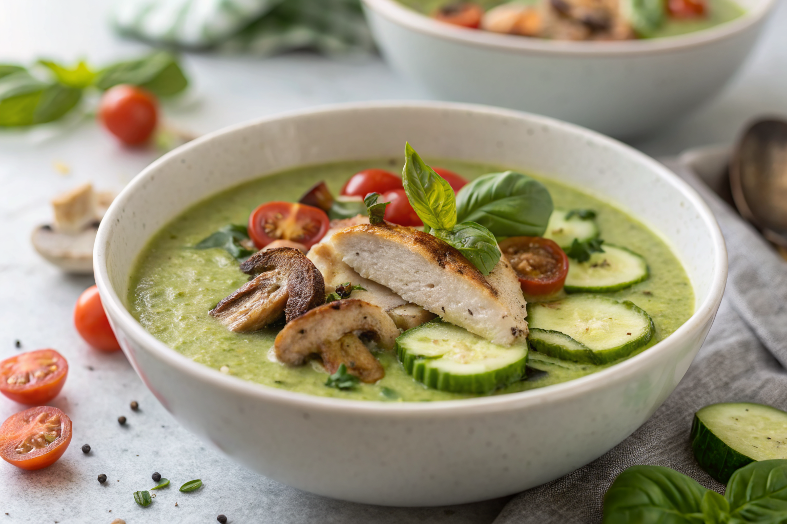 Gaspacho Courgette : Recette Facile Maison 2 Gaspacho de courgette with fresh basil and grilled chicken breast