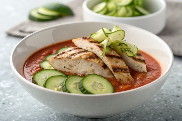 Gaspacho espagnol traditionnel dans un bol blanc avec des légumes frais