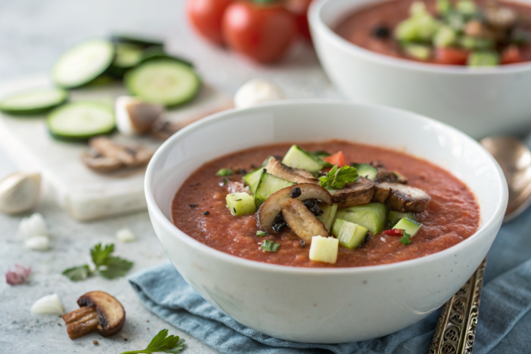Gaspacho maison préparé avec des tomates fraîches et des légumes du marché