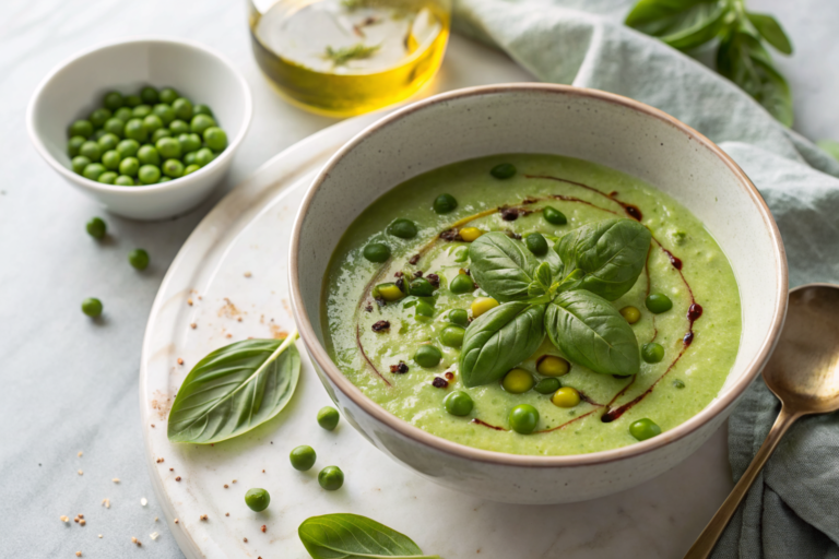 Gaspacho petit pois à la menthe, soupe froide verte et onctueuse