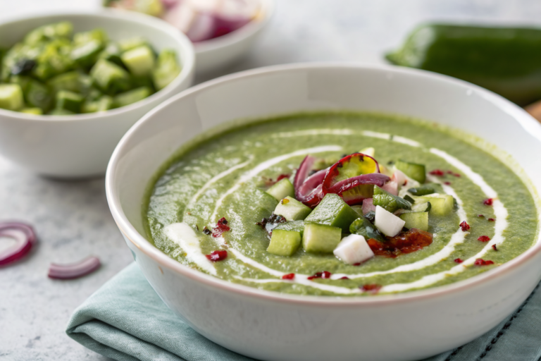 Gaspacho vert aux épinards et herbes fraîches dans un bol blanc