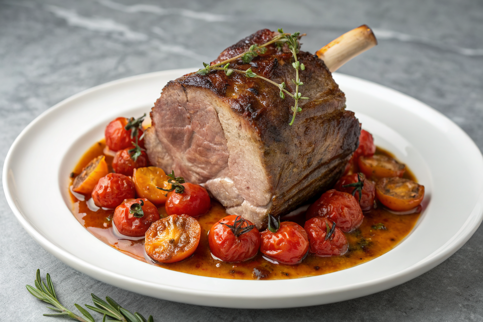 Tranche de jarret de bœuf au four effilochée sur une assiette avec sauce et légumes