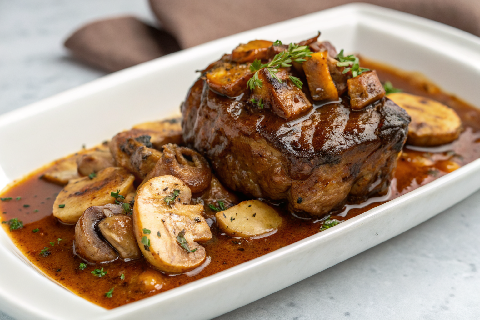 Jarret de bœuf cocotte minute fondant prêt à être servi, vue rapprochée