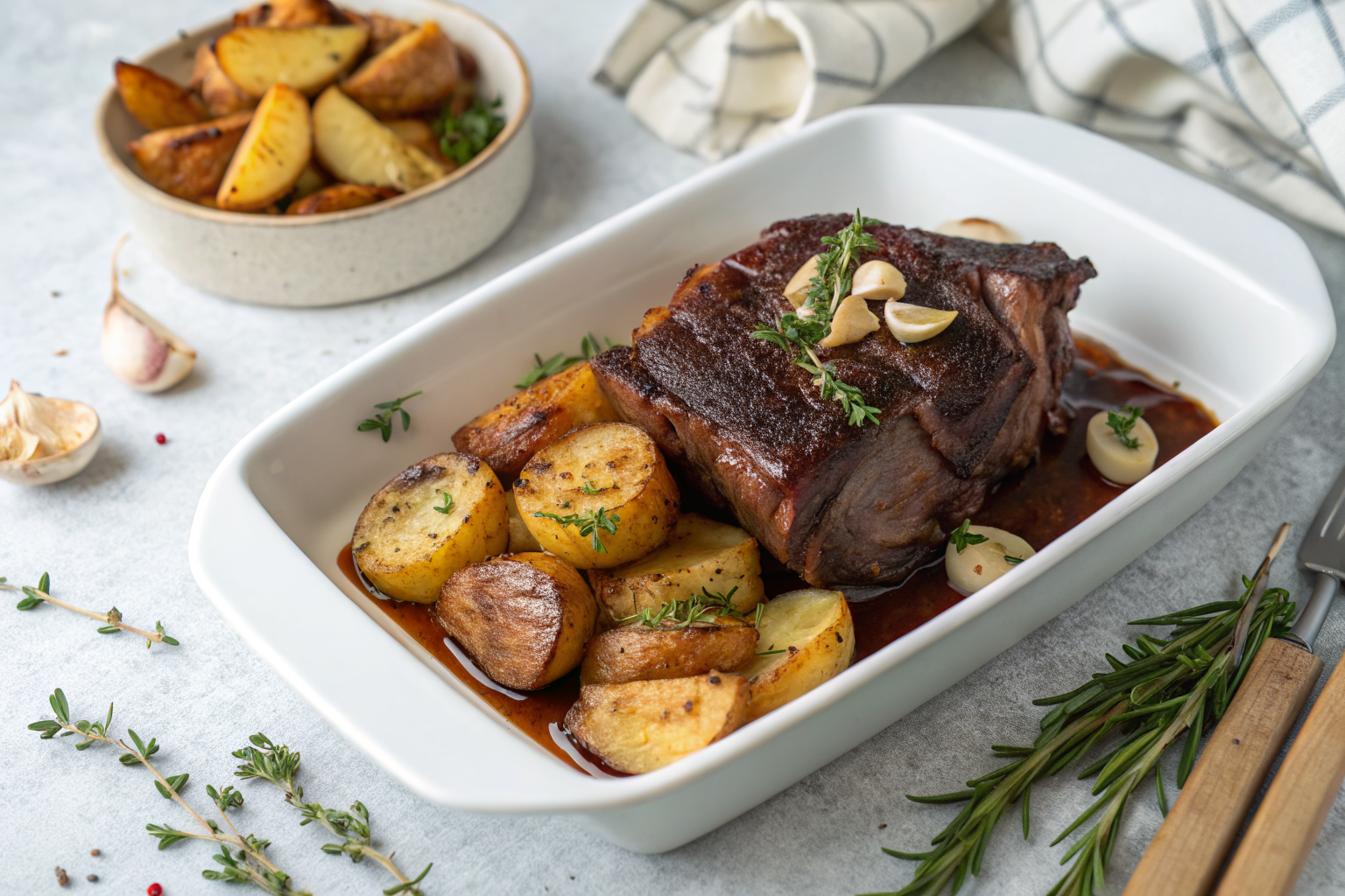Jarret de bœuf en cuisson lente avec légumes de saison et herbes fraîches, servi dans une cocotte