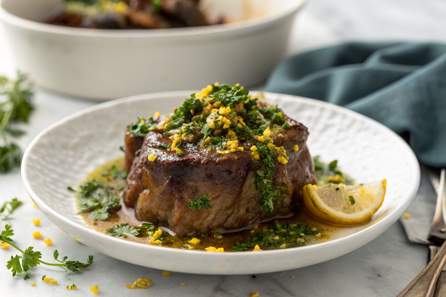 Osso buco traditionnel avec gremolata et légumes rôtis, servi sur assiette blanche