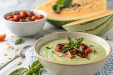 Crème de melon et basilic frais avec basilic frais et melon frais