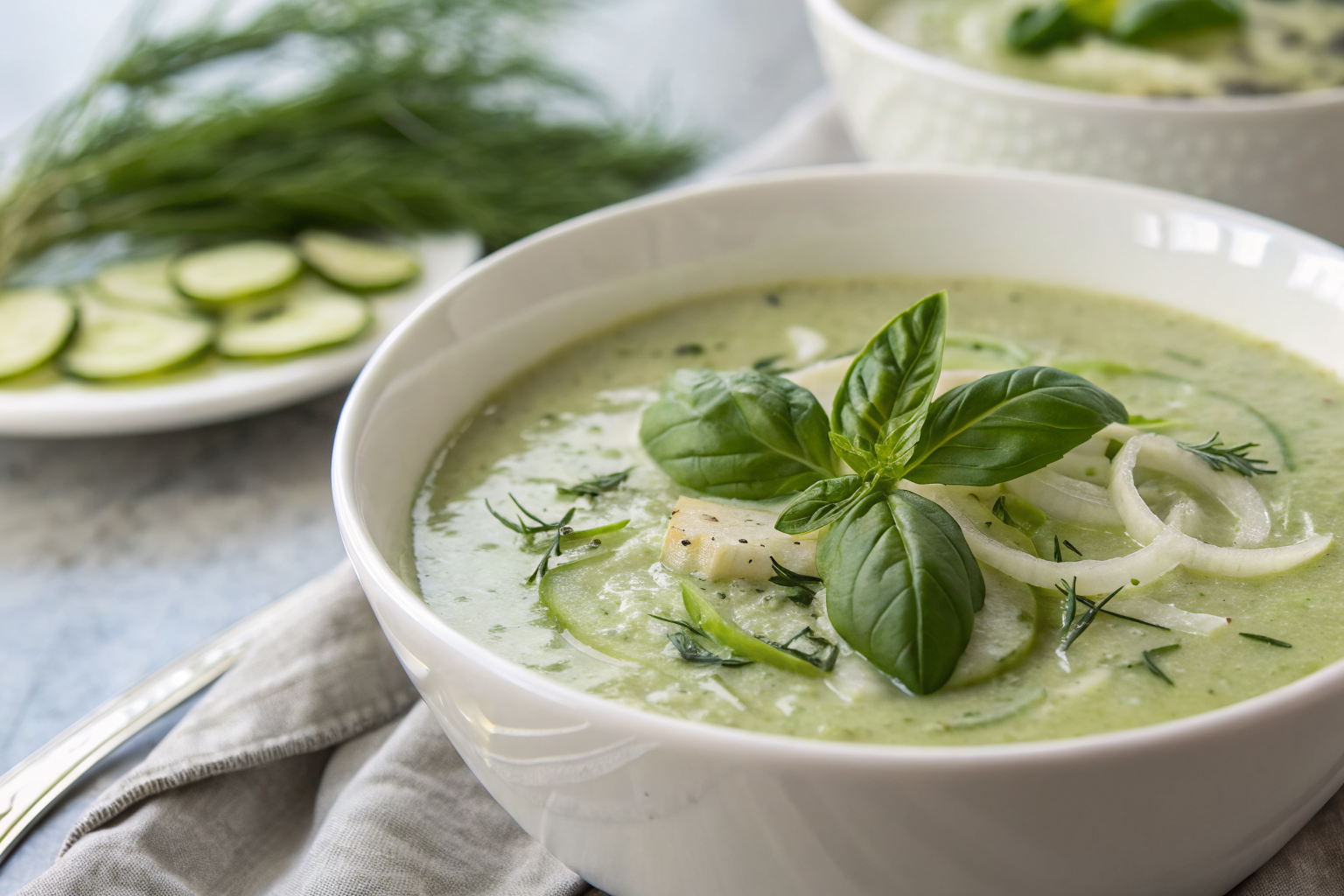 Soupe froide de courgettes et fenouil au basilic 1 Soupe froide de courgettes et fenouil au basilic dans un bol blanc avec feuilles de basilic frais et filaments de fenouil en garniture