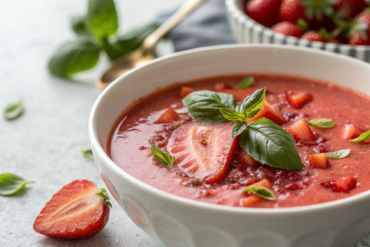 Vibrant red-pink gazpacho with fresh basil leaves and strawberry garnish in white bowl