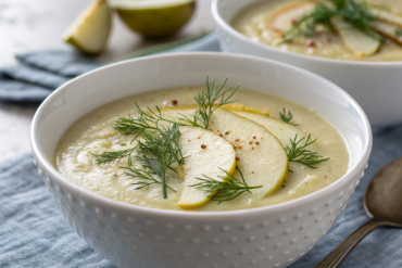 Velouté froid de fenouil à la poire dans un bol blanc avec garnitures fraîches sur comptoir en granit