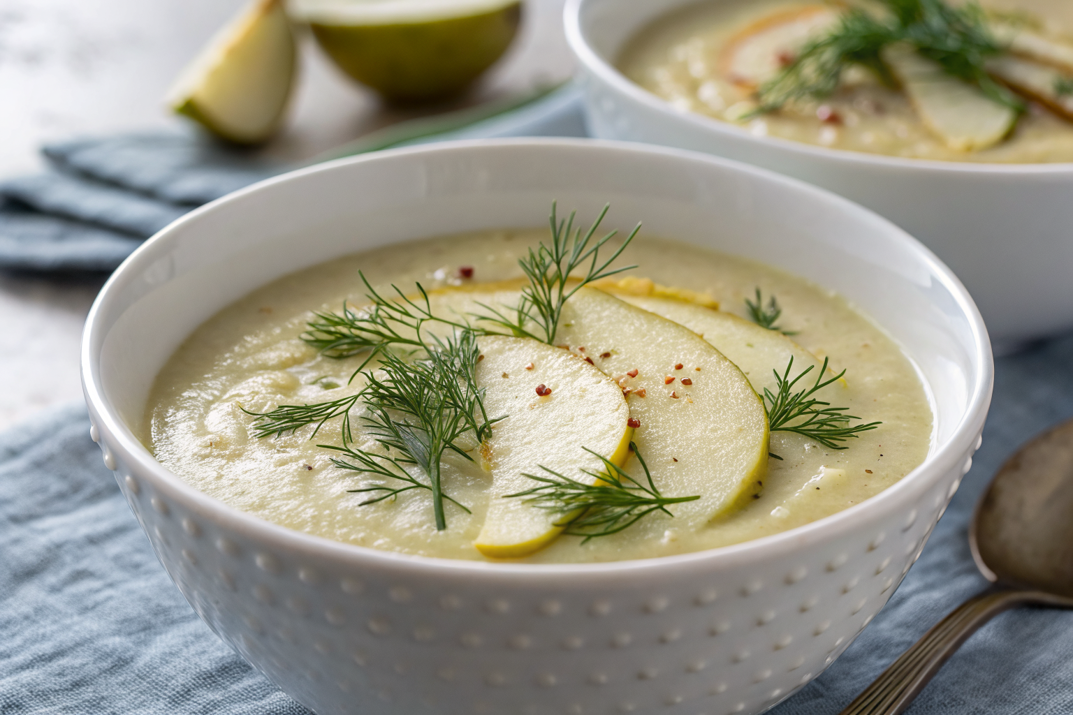 Veloute froid de fenouil a la poire 1 Velouté froid de fenouil à la poire dans un bol blanc avec garnitures fraîches sur comptoir en granit